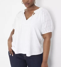 LANE BRYANT WOMEN'S WHITE SHORT SLEEVE TIE-NECK SWING EYELET LINED TOP Sz 38/40