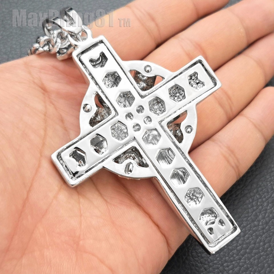Large Cross Hip Hop Iced CZ Silver PT Pendant & 6mm 24" 30" Cuban Chain ...