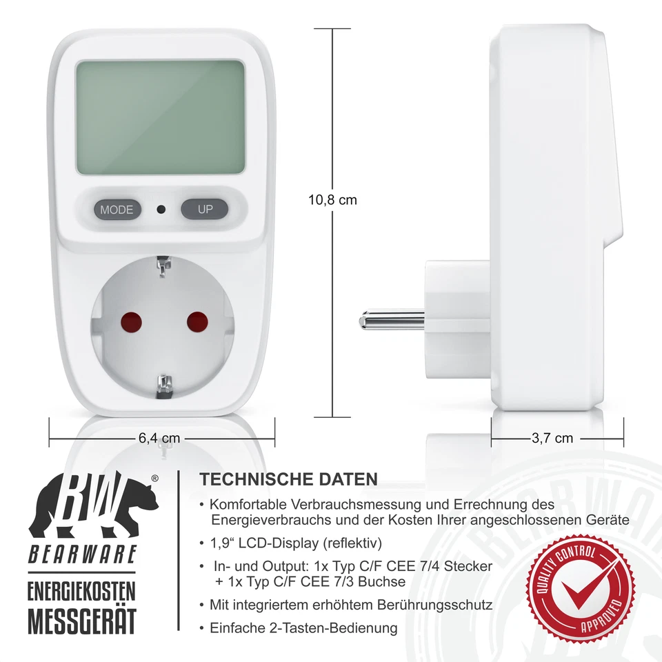 Arendo Energiekostenmessgerät Stromverbrauchszähler 3680W 1,9“ LCD-Display weiß - Bild 2 von 4