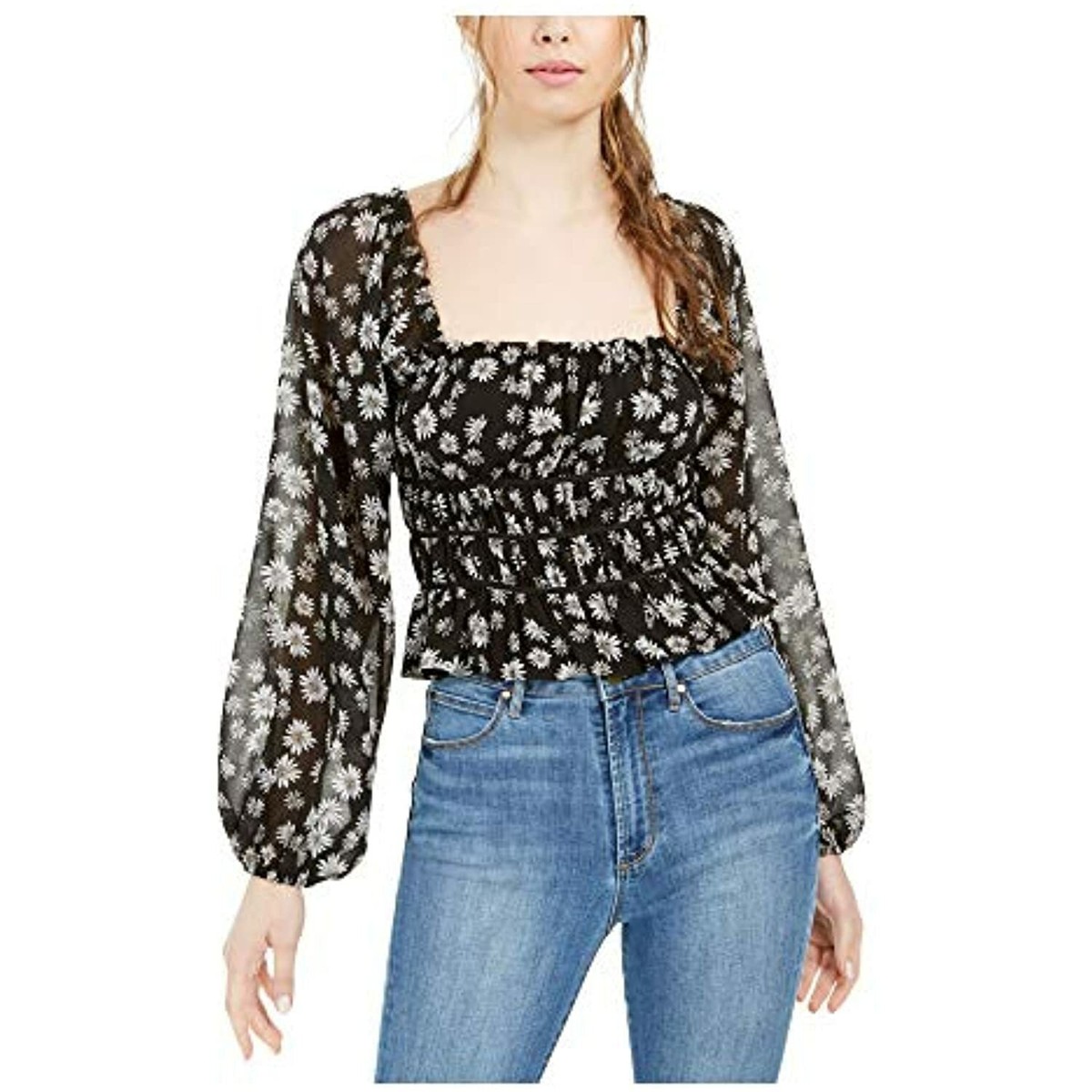 MSRP $59 Leyden Womens Black Floral Long Sleeve Square Neck Top