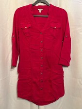 Guess Womens Pink Button-Up Tunic Shirt Dress With 3/4 Sleeves & Chest Pockets