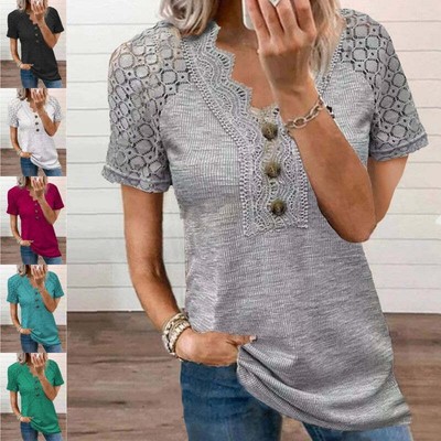 Casual Solid Color Lace V-neck Patchwork Top T-shirt Short Sleeves for womens