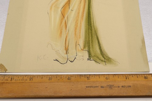 Vintage Figure Pencil Ink & Pastel Drawing Flapper in Dress Art Deco Era Signed - Picture 4 of 6