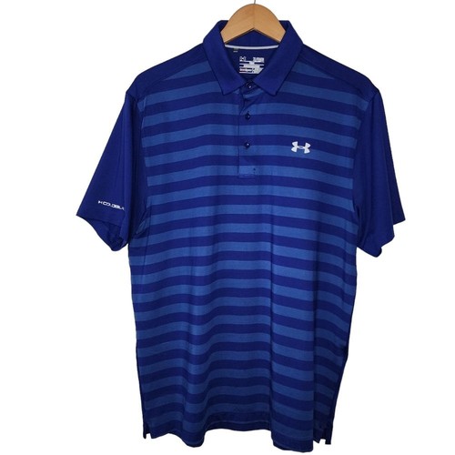 Under Armour Mens XL Blue Striped Loose HeatGear Short Sleeve Athletic Golf Polo - Picture 2 of 5