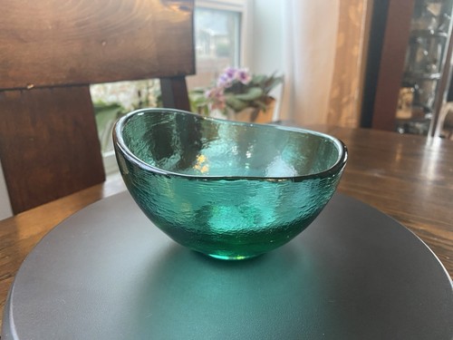 Signed Gilmore Glass Studio Textured Green Glass Wave Bowl