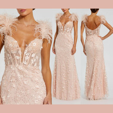 NEW Mac Duggal [ 12 ] 20889 Sheer Applique Bustier Gown w Feather Straps #S1701