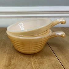 Set Of 2 Vintage Fire King Peach Luster Beehive Oven Soup Bowls With Handle