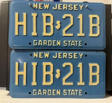 New Jersey License Plate HIB 21B Blue Vintage 1980 PAIR 