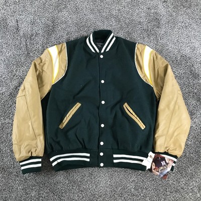 Vintage Holloway Varsity Jacket Mens Medium Blank Beige Leather Green Wool Snaps