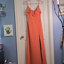 Azazie Orange Chiffon Maxi Dress V-Neck Strappy Ruffle Side Slit Zip A2