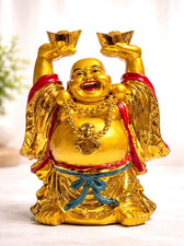 Goldener Lachender Buddha mit Goldbarren –Feng Shui Budai Glücksbringer Reichtum