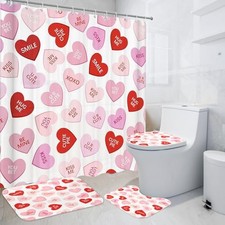 4Pcs Valentines Shower Curtain Set for Bathroom, Pink Red Heart Valentines