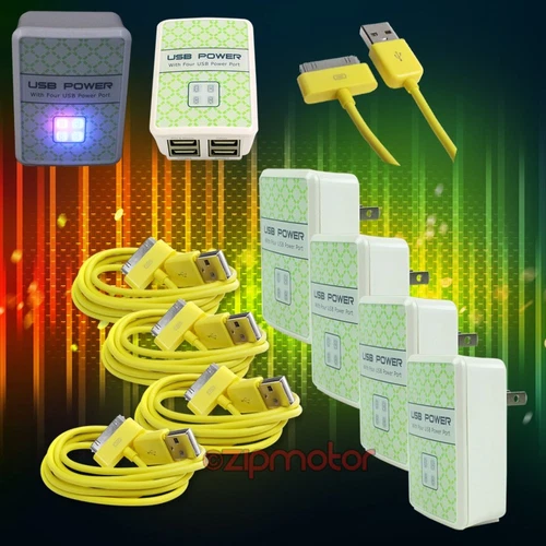 4X 4 USB PORTS WALL ADAPTER+10FT CABLE POWER CHARGER DATA YELLOW GALAXY TAB NOTE