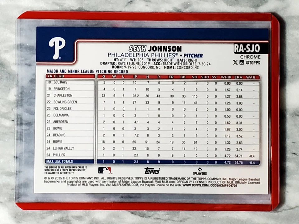 Seth Johnson (RC) 2025 Topps Chrome On-Card Rookie Auto #RA-SJO Phillies - Image 2 of 2
