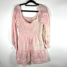 American Eagle Womens Pink Tie Dye Smocked Ruffle Cotton Long Sleeve Dress L
