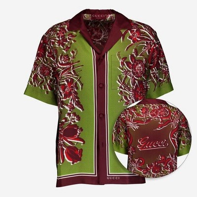Gucci Seidenhemd mit Blumenmuster und Schlangenmuster Campkragen Größe 46 Made In Italy
