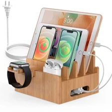 Bamboo Charging Station for Multiple Devices with 5 Port USB Charger, 5 Cable...