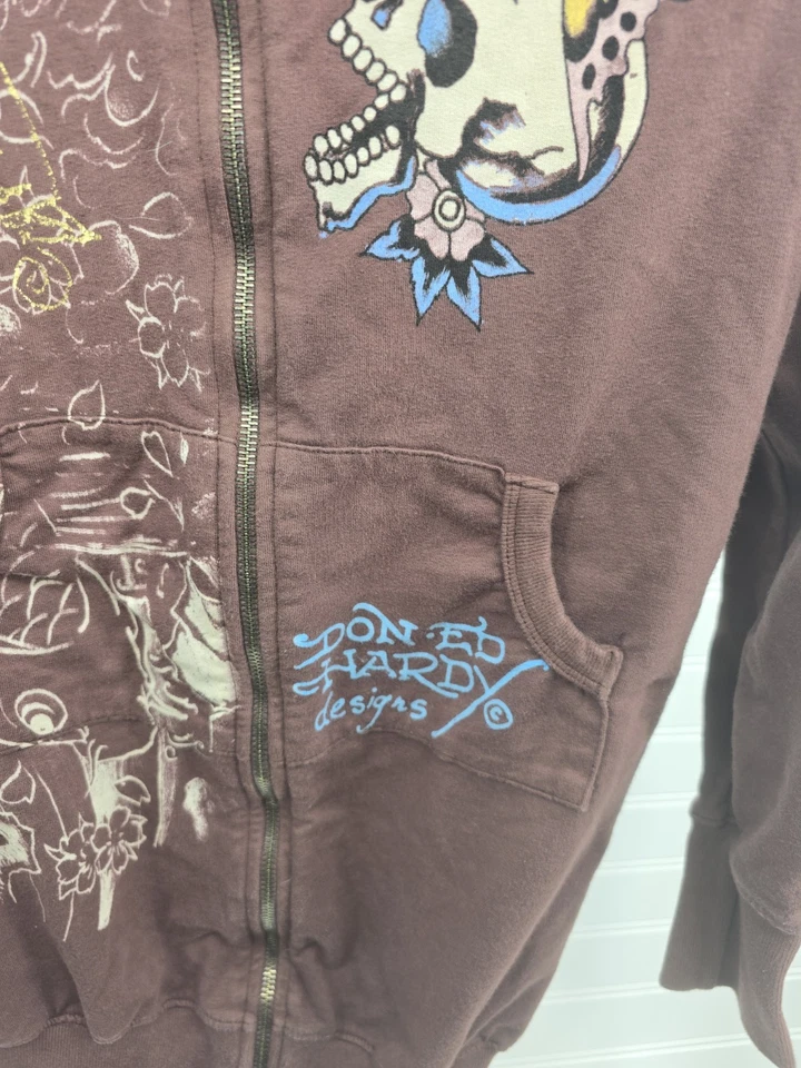 Vintage Y2K Don Ed Hardy Designs Tattoo Graphic Full Zip Up Hoodie Skull Heart  - Image 2 of 4