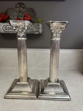 Antique Silver Plated Neoclassical Corinthian Column Taper Candlestick Pair