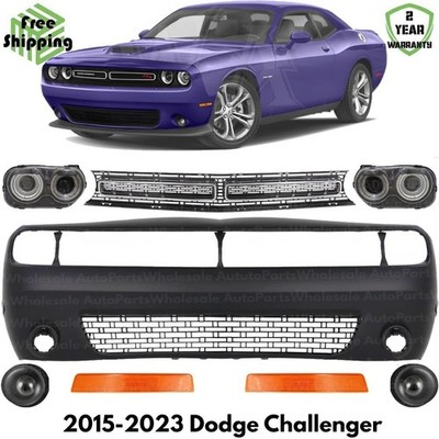 Front Bumper Cover Primed Plastic & Headlight Kit For 2015-2023 Dodge Challenger