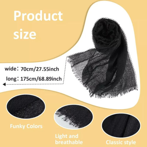 Black Scarf Cotton Long Scarf Black Cotton Blend Crinkle Soft Scarf with Fringed - Picture 2 of 7