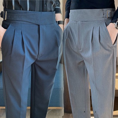 Men's Retro Gurkha Pants High Waist Business Suit Pants Casual Pleated Trousers