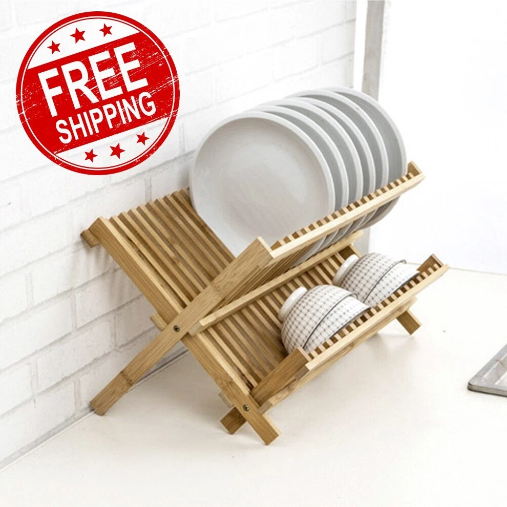 Dish Rack, Bamboo Folding 2-Tier Collapsible Drainer Dish Drying