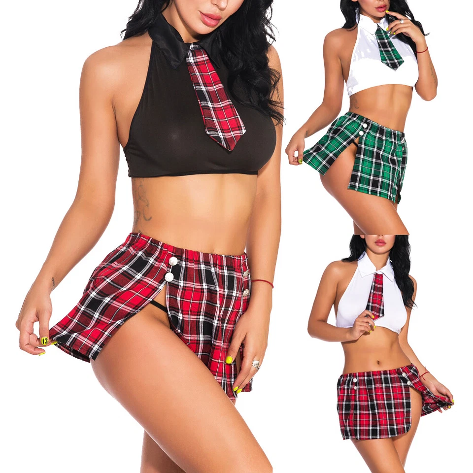 Halloween Women Sexy Lingerie School Girl Uniform Costume Outfit Mini Skirt Set - Image 3 of 4