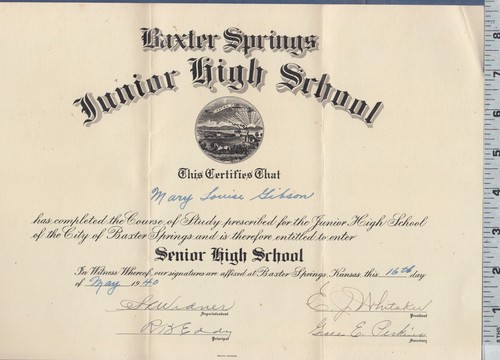C898 Baxter Springs KA Jr High School diploma Mary Louise Gibson Grace E Perkins - 第 1/5 張圖片