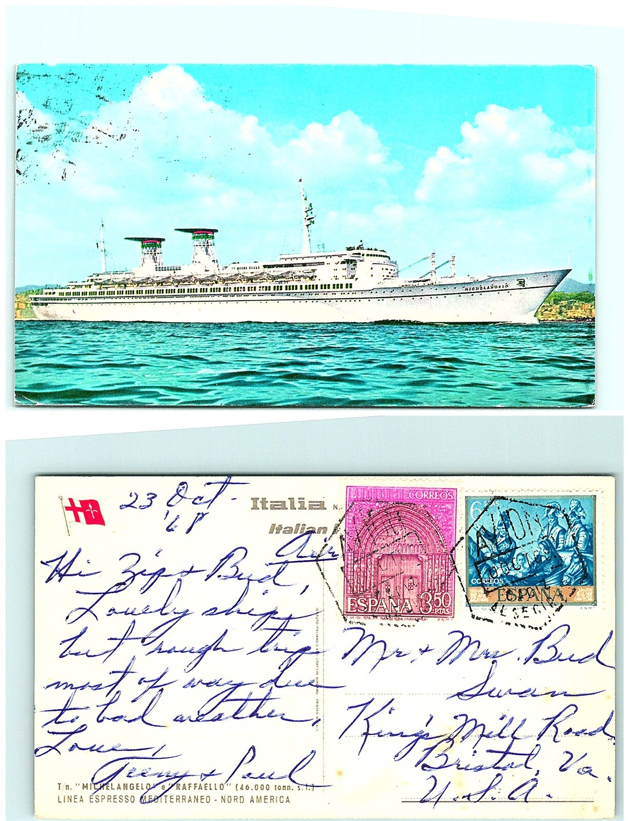 1960s Spain to USA Postcard S03-9145 T/N Michelangelo and Raphael  