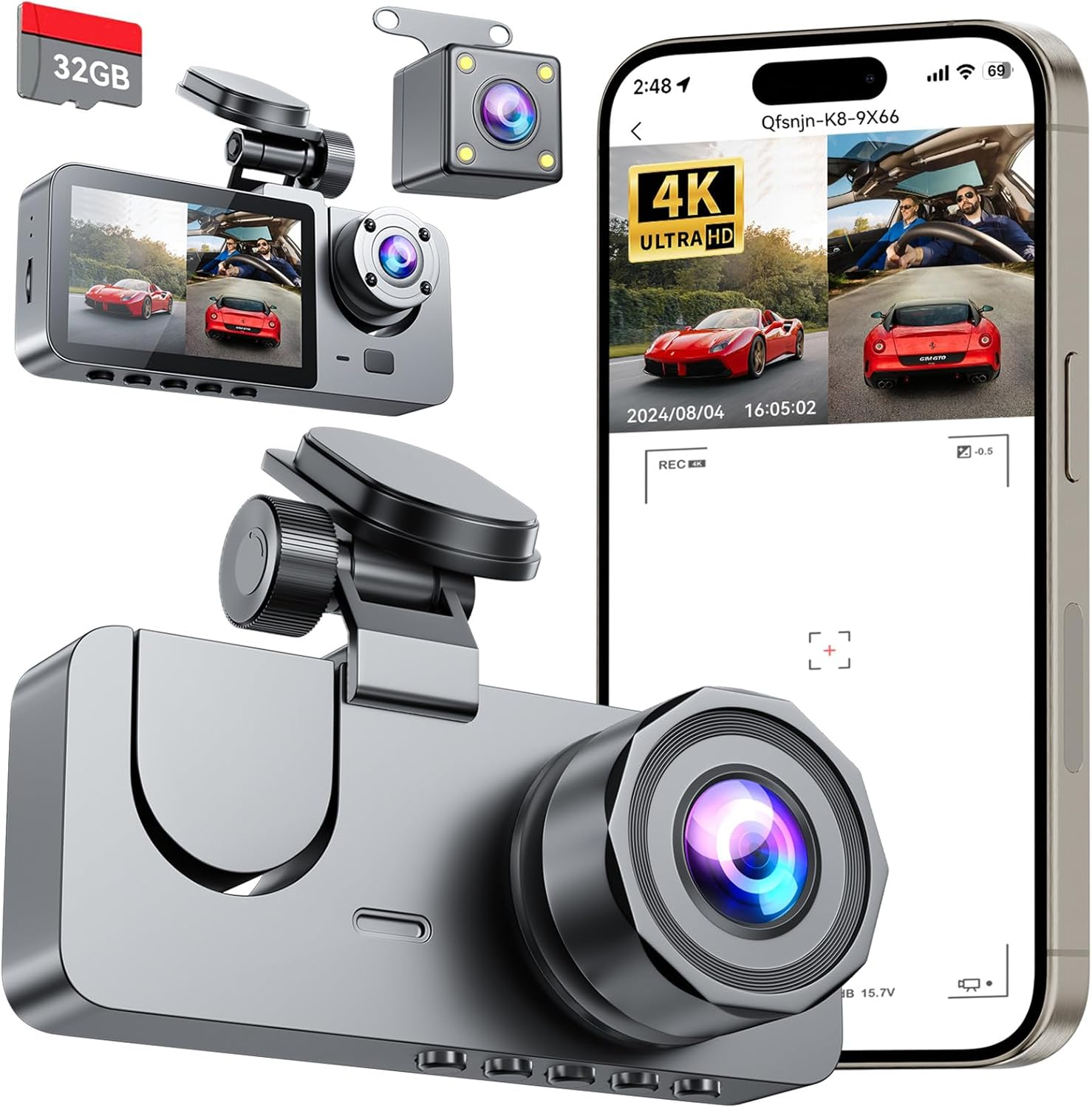 3 Channel 4K UHD Dash Cam with Front Rear and Interior Car Camera Built-in-image