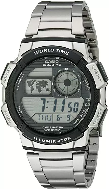 Casio Men s AE1000WD 1AV World Time Silver Tone Steel Band Digital