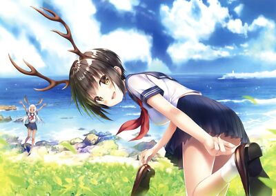 Anime girls schoolgirl horns beach two women on arms up Custom Gaming Mat Desk