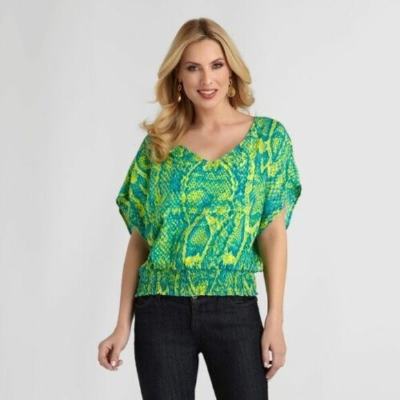 Sofia by Sofia Vergara Blouse Womens Green Yellow Snakeskin Print Neon