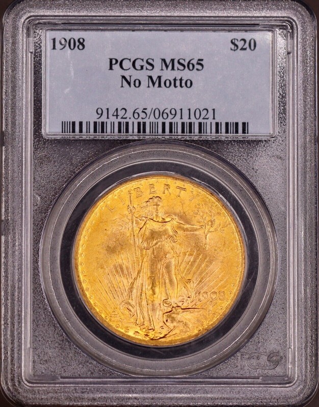 1908 No Motto $20 Gold Saint Gaudens Double Eagle PCGS MS65 - Lustrous PQ