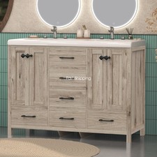 47" Bathroom Vanity Set Double Sink Ceramic Freestanding Wood Cabinet w/ Drawers