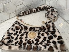 Juicy Couture Snow Leopard Love Fur Shoulder Bag Gold Trim NEW Fur Heart Charm