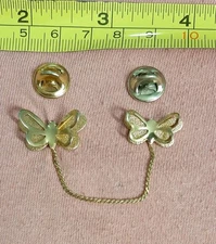 Gold Tone Layered Butterfly Connected With Chain Sweater Guard Pin
