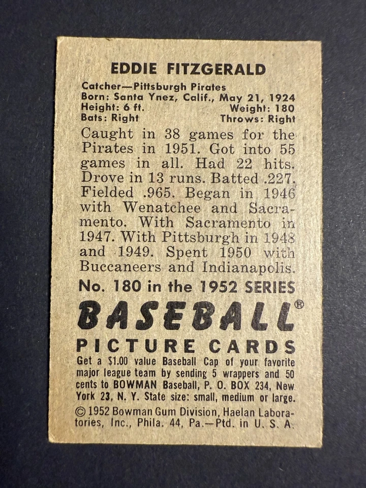 1952 Bowman #180 Eddie Fitzgerald Pittsburgh Pirates Good - VG - Image 2 of 2