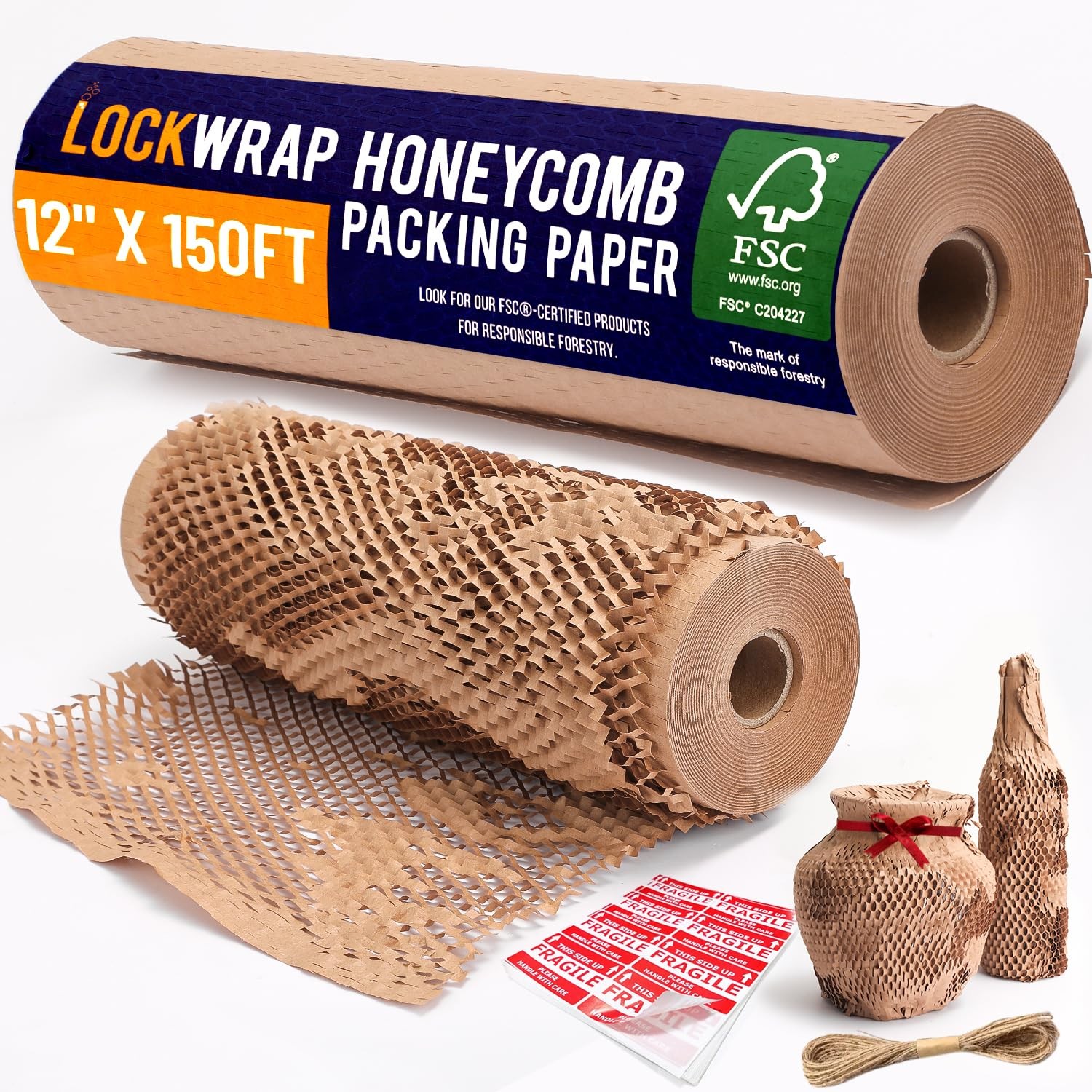Honeycomb Packing Paper For Moving 12" x 150ft With Rope x 150ft, Natural