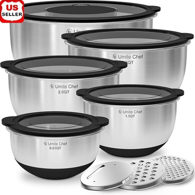 #ad #ad Airtight Mixing Bowls Set W Grater Attachments Non Slip Silicone Bottom New $46.49