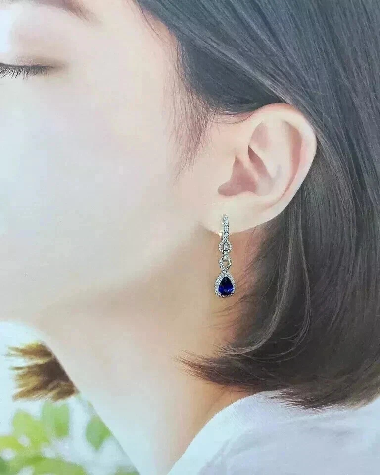 Pendiente de diamantes de zafiro azul natural talla pera de 4,00 quilates de oro blanco real de 14 quilates Foto 2 de 4