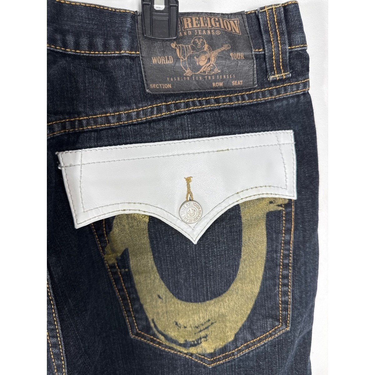 True Religion World Tour Mens Dark Wash Jeans Gold Horseshoe White True Religion World Tour Mens Dark Wash Jeans Gold Horseshoe White