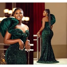 Emerald Green Velvet Sequin Mermaid Prom Dress Off Shoulder Formal Evening Gown