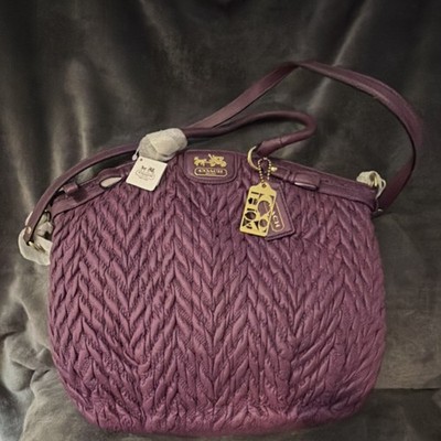 Coach Plum Quilted Shoulder Bag Chevron Pattern Gold Hardware Logo Tag Charm
