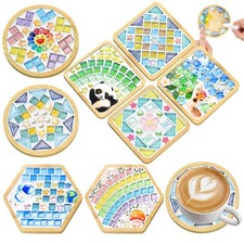 8 Sets DIY Mosaic Tiles for Crafts Mixed Color Glass Mosaic Kit with Coaster ...