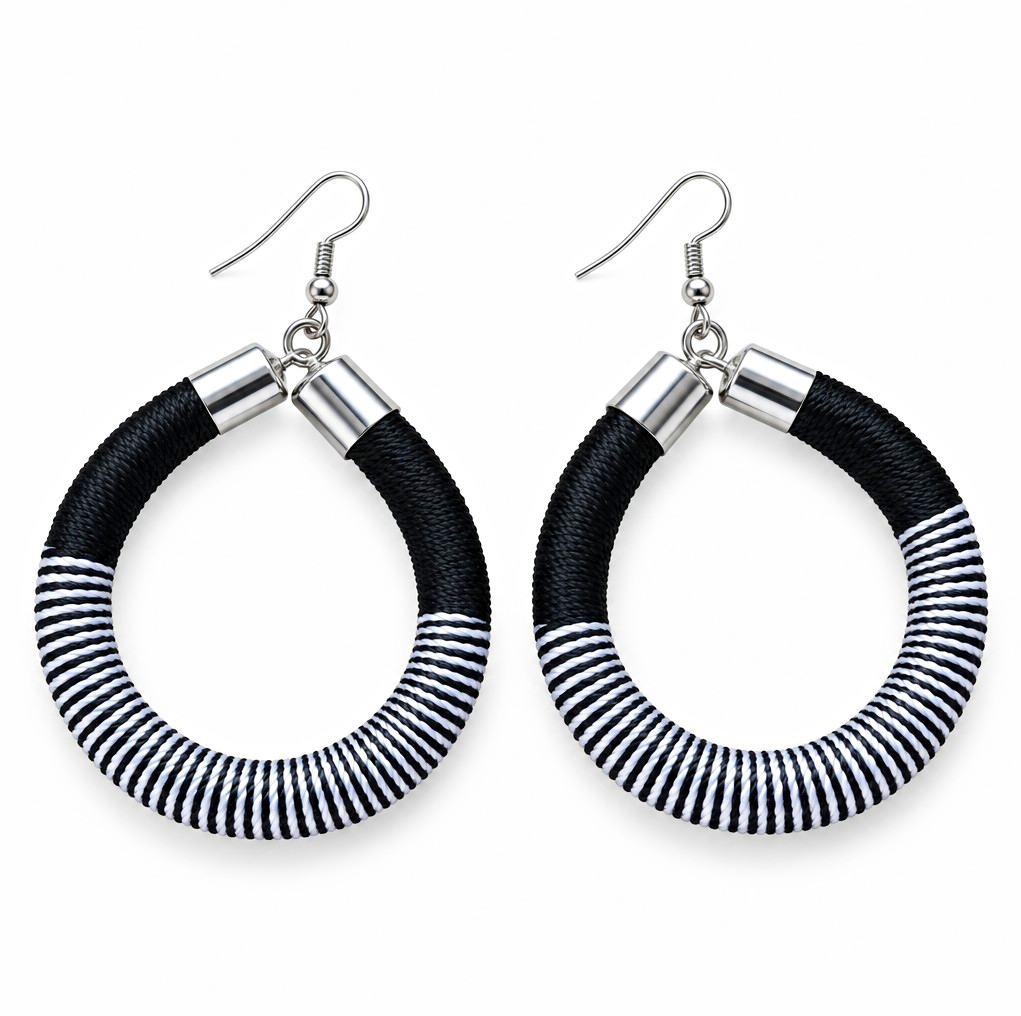 Black White Wrapped Round Hoop Dangle Hook Earrings Silver Tone No Stone