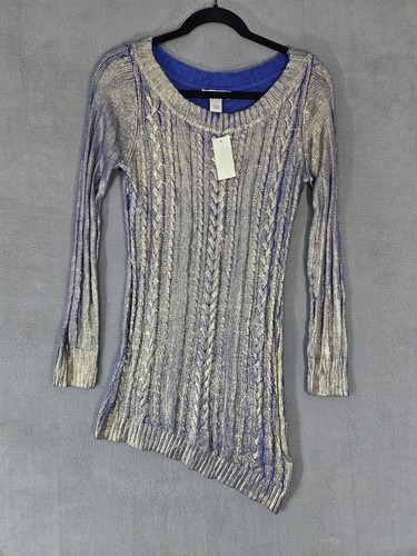 Arden B Womens Tunic Sweater Medium M Blue Gold Foiled Cable Knit New