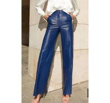 Women's Leather Pant Real Blue Lambskin Leather Handmade Stylish Party Trouser