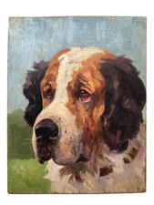 French PostImpressionism - Oil Panel Painting - Portrait DOG Saint BERNARD